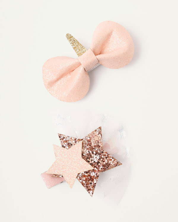 Peach Glitter Star and Bow Clips