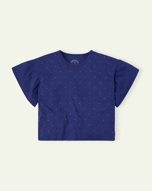 Navy Blue Cropped Diamante T-Shirt