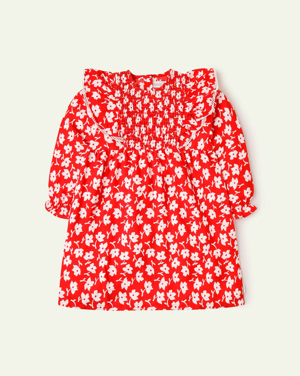 Red Printed Smocking Dress