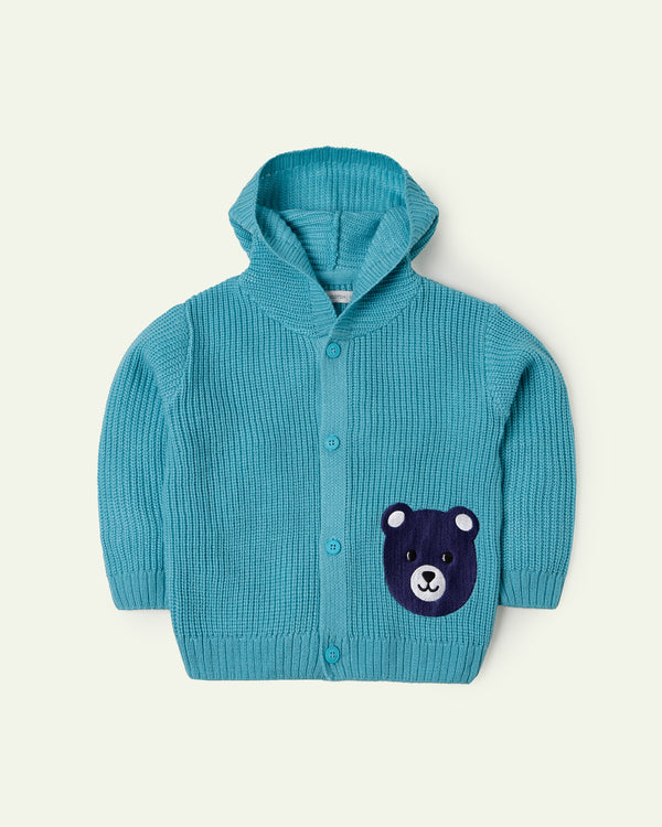 Embroidered Bear Hoodie Cardigan