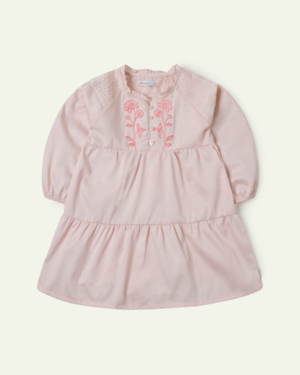 Peach Embroidered Tier Panel Dress