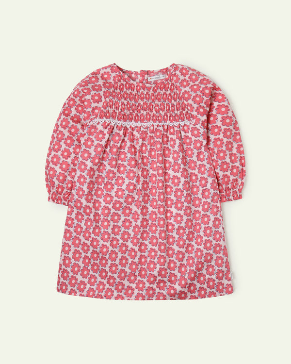 Floral Prinred Smocking Dress