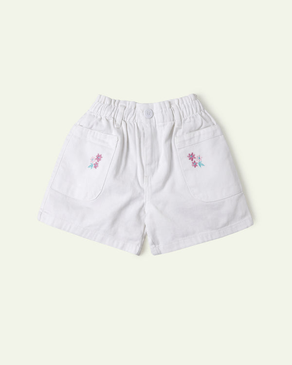 White Floral Embroidered Shorts